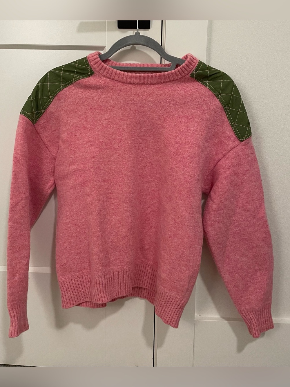 Boden Crewneck Sweater with Green Quilted Shoulder Panels